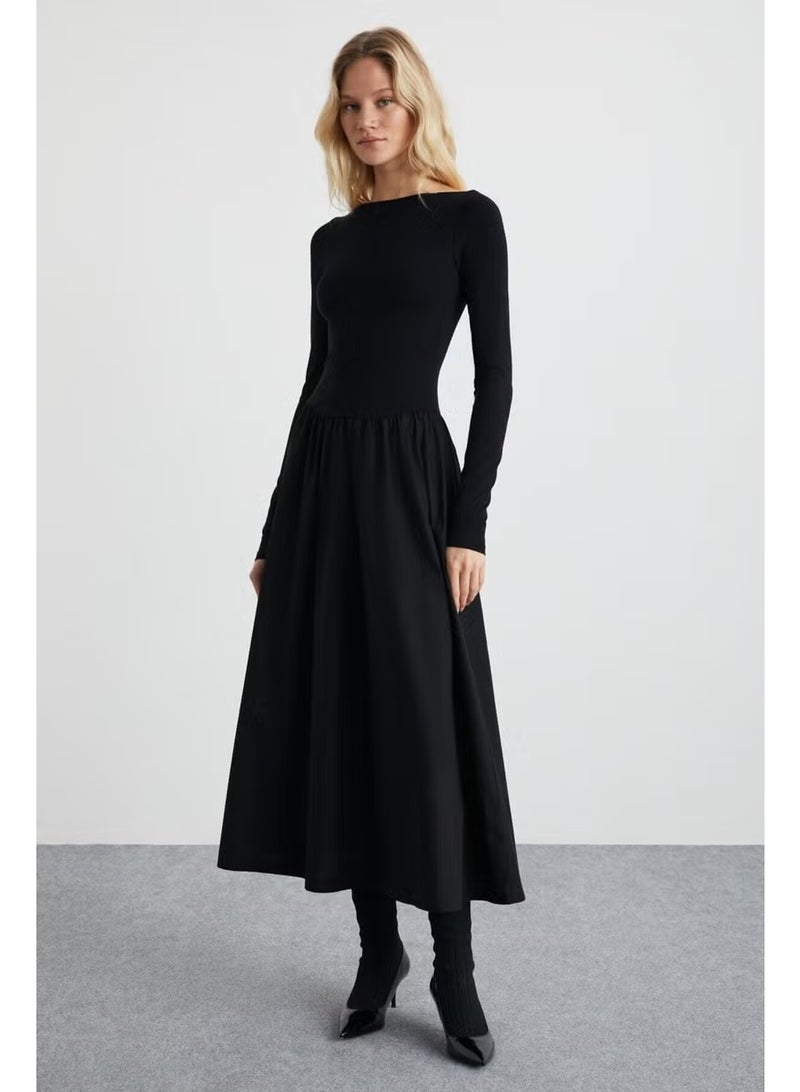 GRIMELANGE PANI Women Maxi Length Skirt Part Woven Poplin Flared Skirt Upper Part Flexible Stylish Black Dress - Image 5